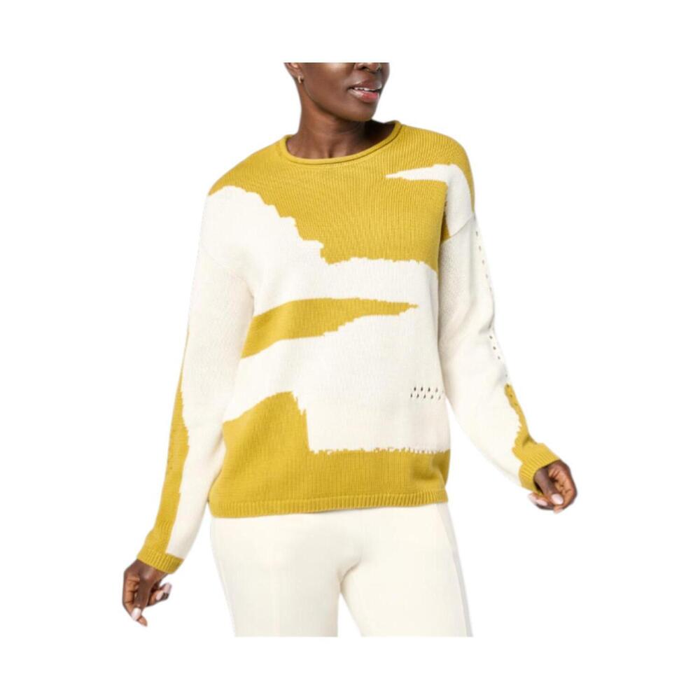 WynneCollection Women's Cotton-Blend Intarsia Sweater Green/Cream - Regular